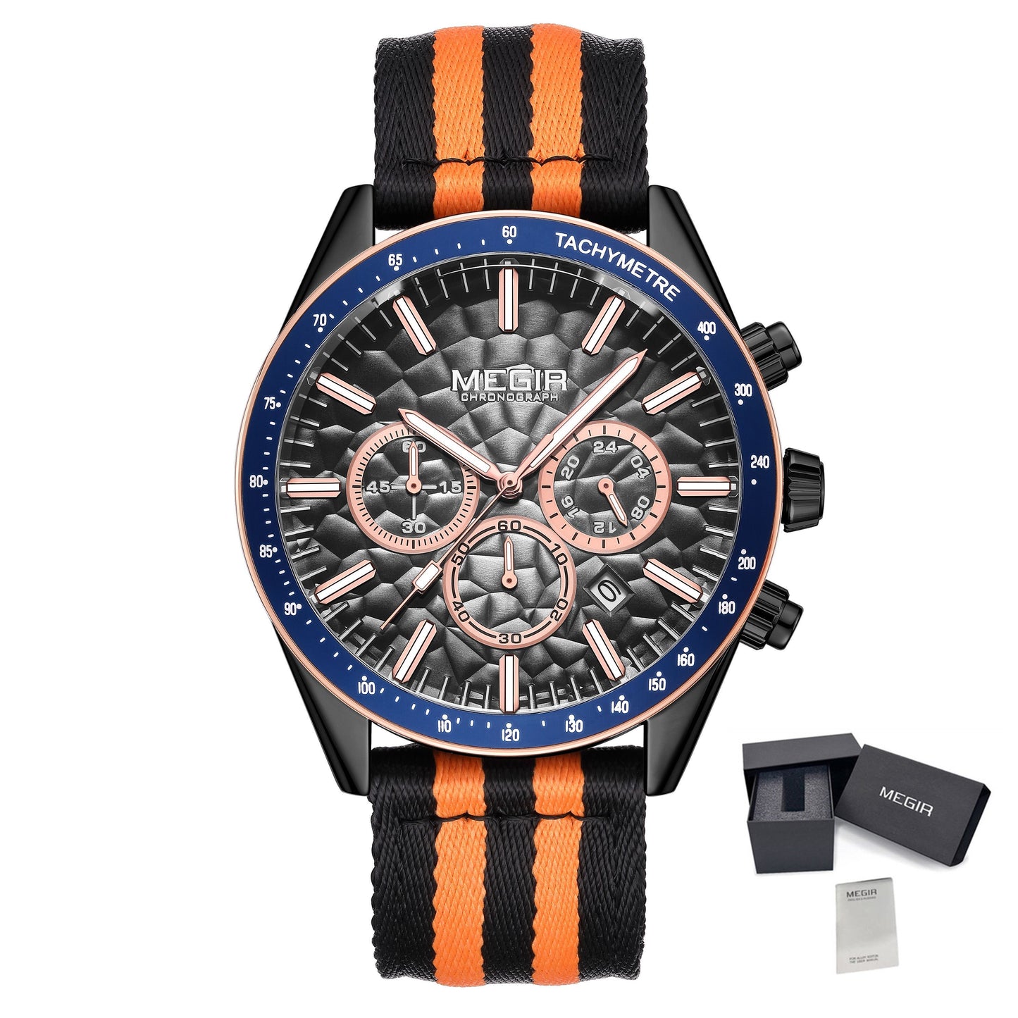 MEGIR Men's Sport Chronograph Watch, Outdoor Casual Quartz Wristwatch, 3ATM Water Resistance, Striped Canvas Band, Date Display 8121