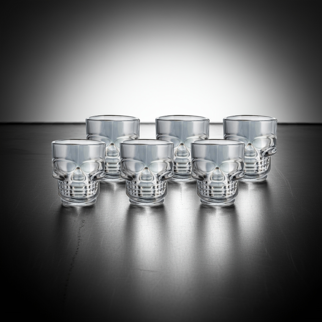 Set of 6 Skull Shot Glasses – 1.75 oz Glass Novelty Drinkware for Halloween Parties, Cocktail Bars & Home Decor