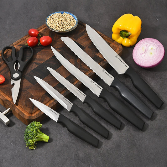 14-Piece Knife Block Set - High Carbon Stainless Steel with Ergonomic Handles, Built-In Sharpener, Black Wood Storage Block