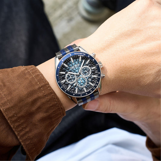 MEGIR Men's Sport Chronograph Watch, Outdoor Casual Quartz Wristwatch, 3ATM Water Resistance, Striped Canvas Band, Date Display 8121