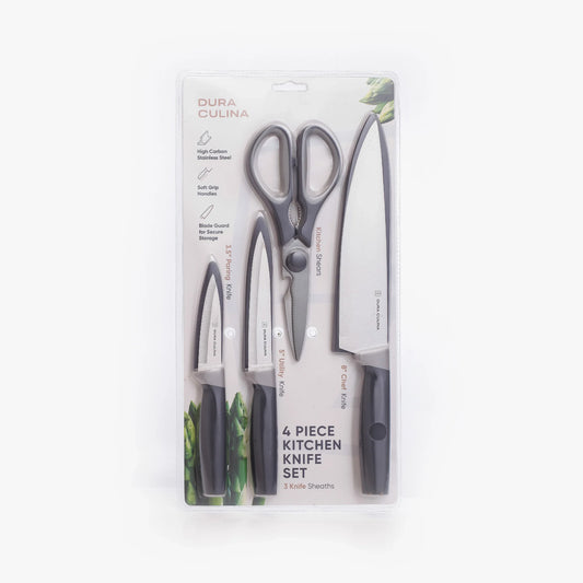 4 Piece Kitchen Knife Set- Chef, Utility, Paring, Multi Purpose Shears, and Matching Blade Guards